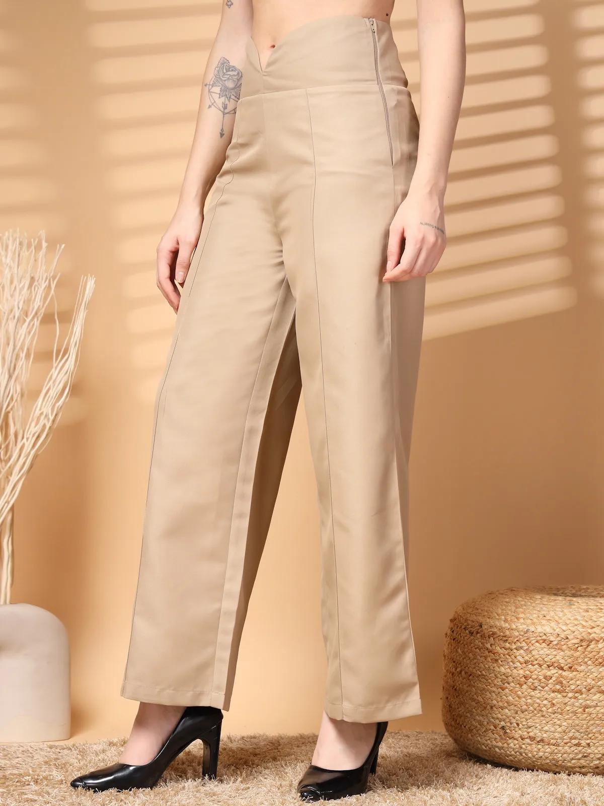 Beige Solid Regular Trousers Women Loose Fit High Rise Trousers