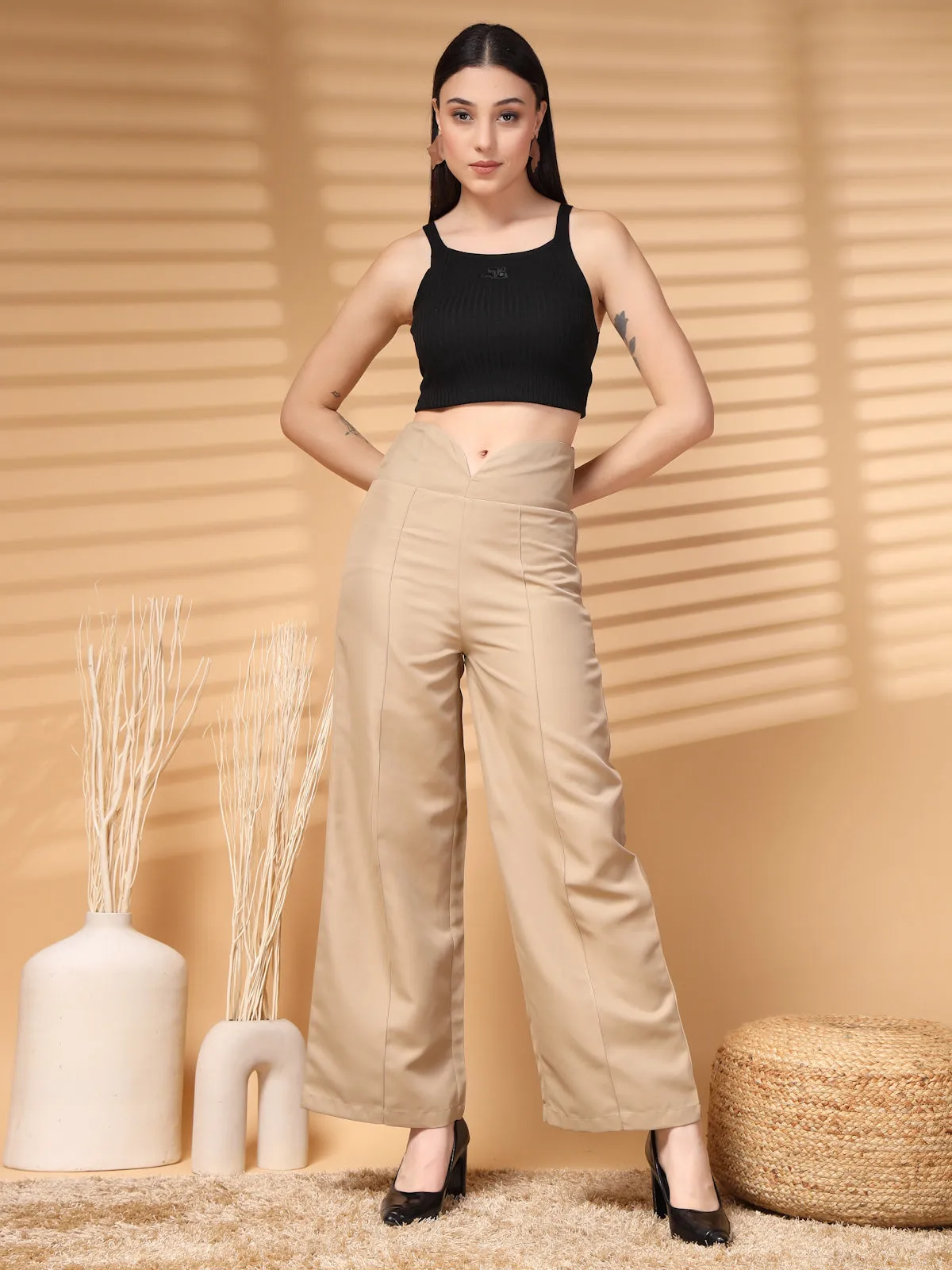 Beige Solid Regular Trousers Women Loose Fit High Rise Trousers