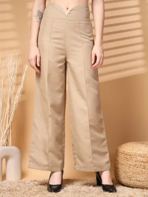 Beige Solid Regular Trousers Women Loose Fit High Rise Trousers