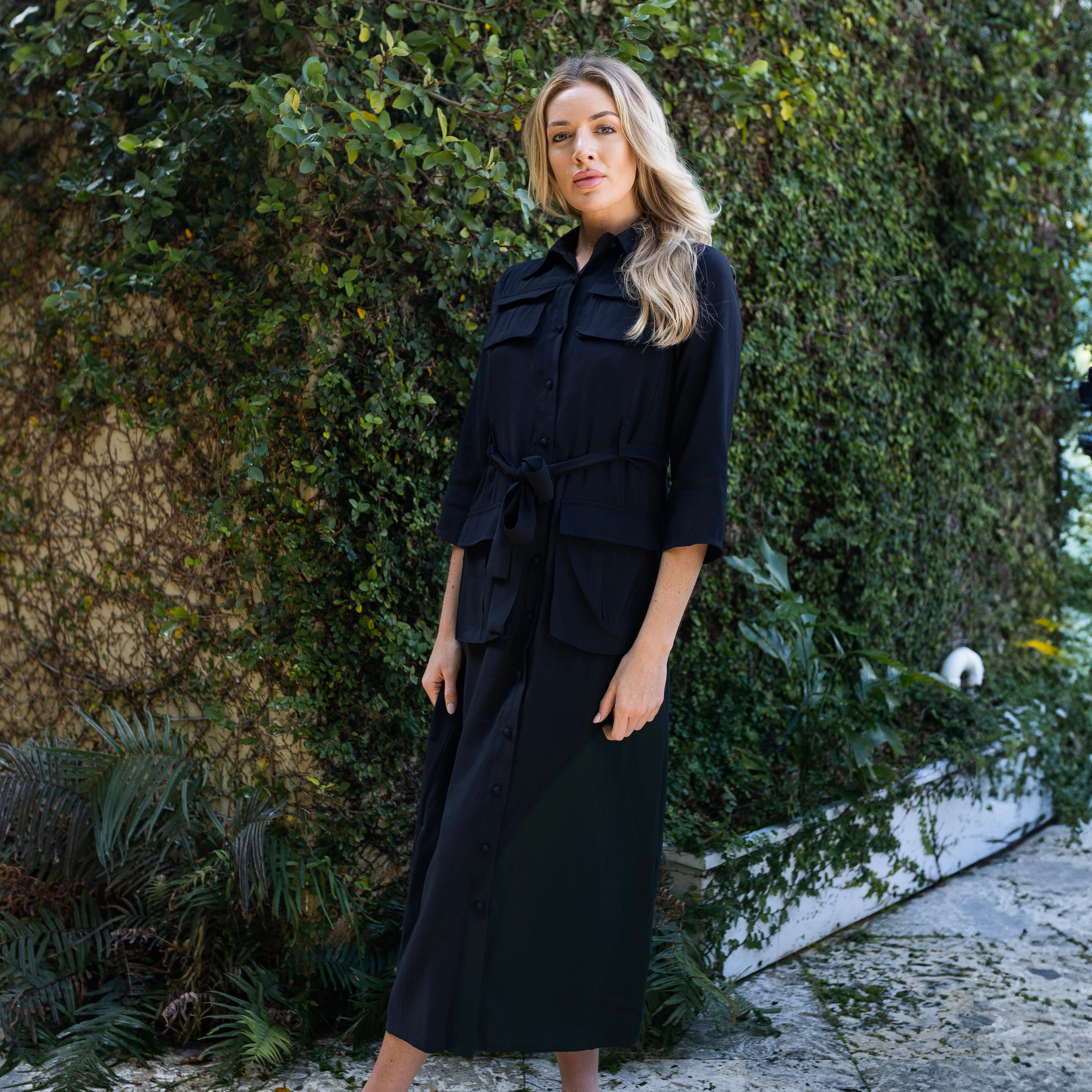 Cap-Sleeve Belted Shirtdress | Black [Final Sale]