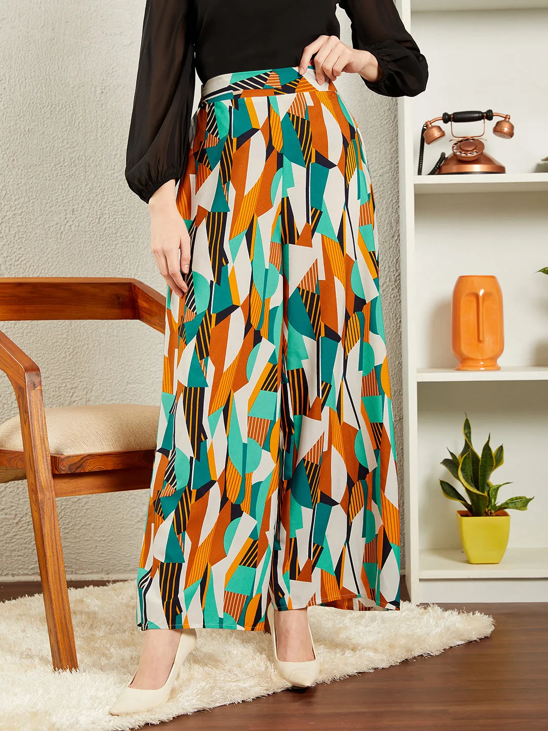 Berrylush BIZwear Women Multicolour Geometric Printed High-Rise Waist Slip-On Regular Parallel Trousers