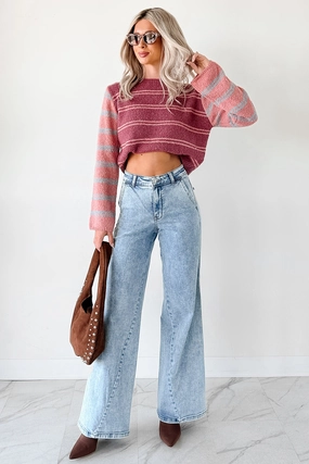 Thermal Regulating Fabric Basic Wardrobe Beyond Ordinary Striped Knit Sweater (Plum Combo)