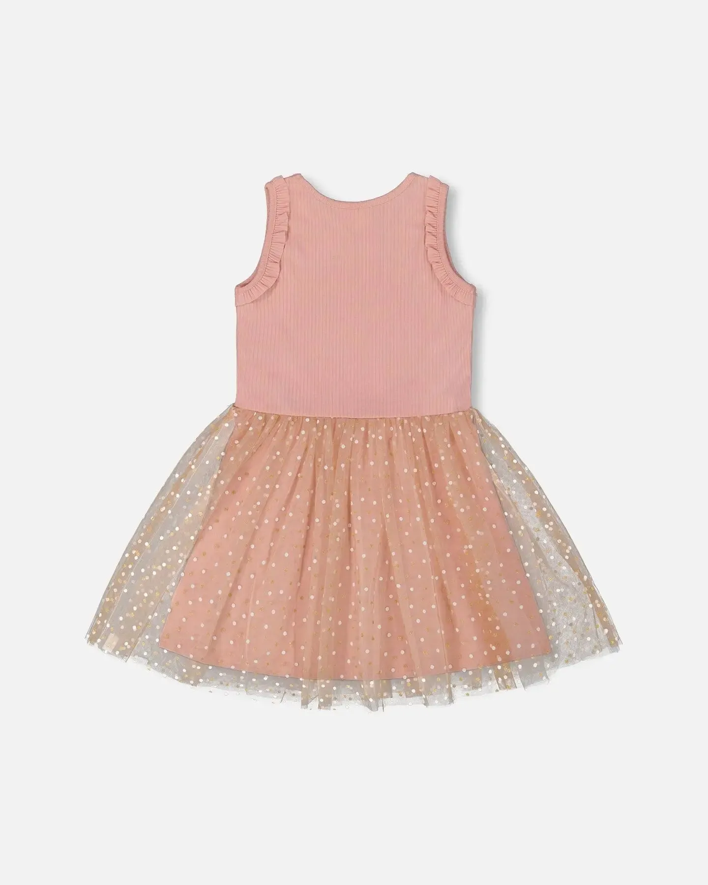 Bi-Material Dress With Printed Dots On Mesh Skirt Warm Old Pink