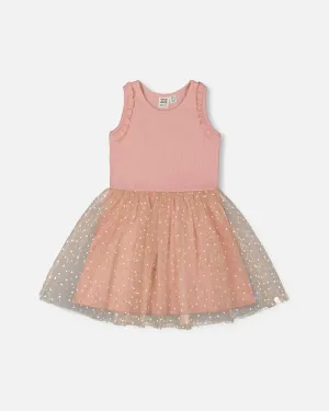 Bi-Material Dress With Printed Dots On Mesh Skirt Warm Old Pink