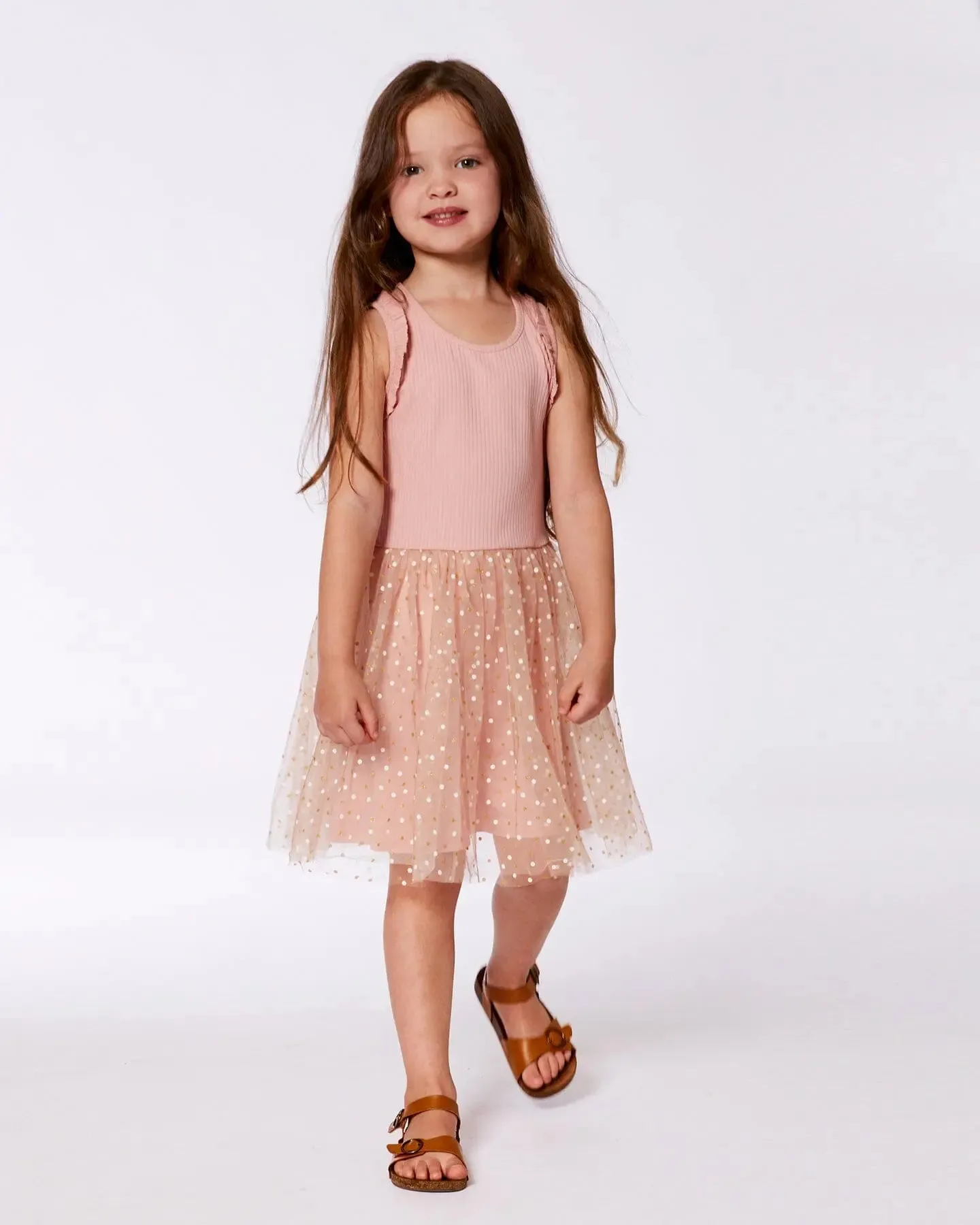 Bi-Material Dress With Printed Dots On Mesh Skirt Warm Old Pink