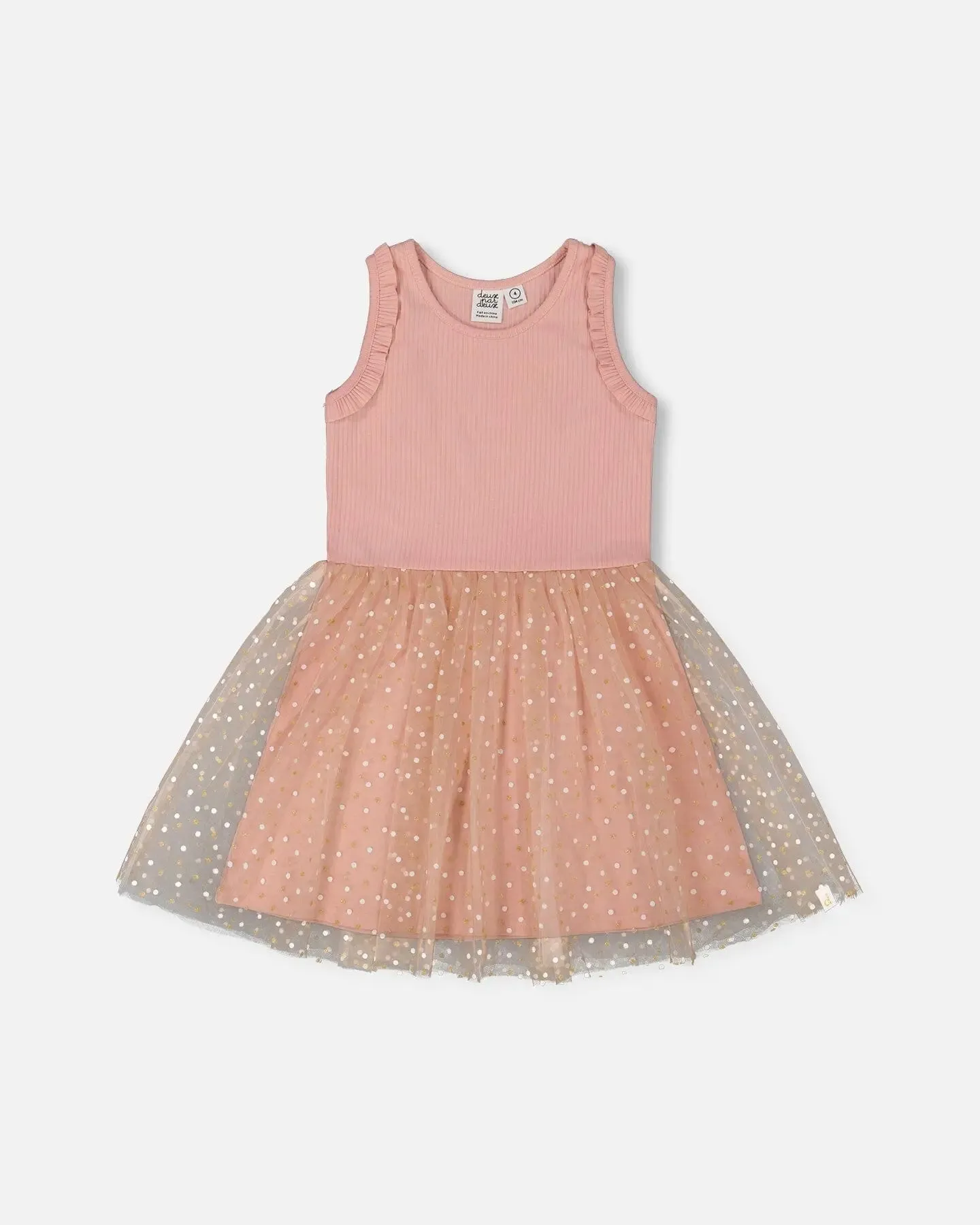 Bi-Material Dress With Printed Dots On Mesh Skirt Warm Old Pink