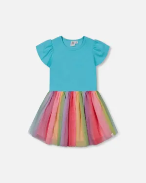 Bi-Material Dress With Printed Mesh Skirt Multicolored