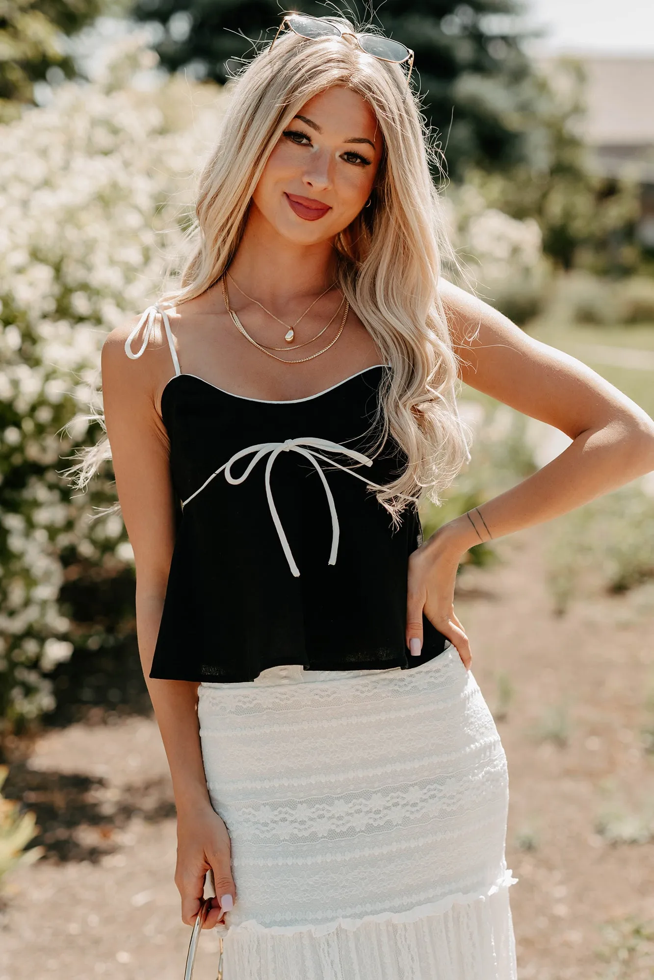 The Air I Breathe Linen Shoulder Tie Tank Top (Black) MeshPanelIntegration