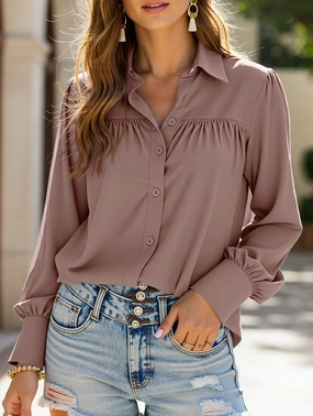Stretch Waistband Design Garment Washed Finish BUTTON DOWN DAILY BASIC BLOUSE