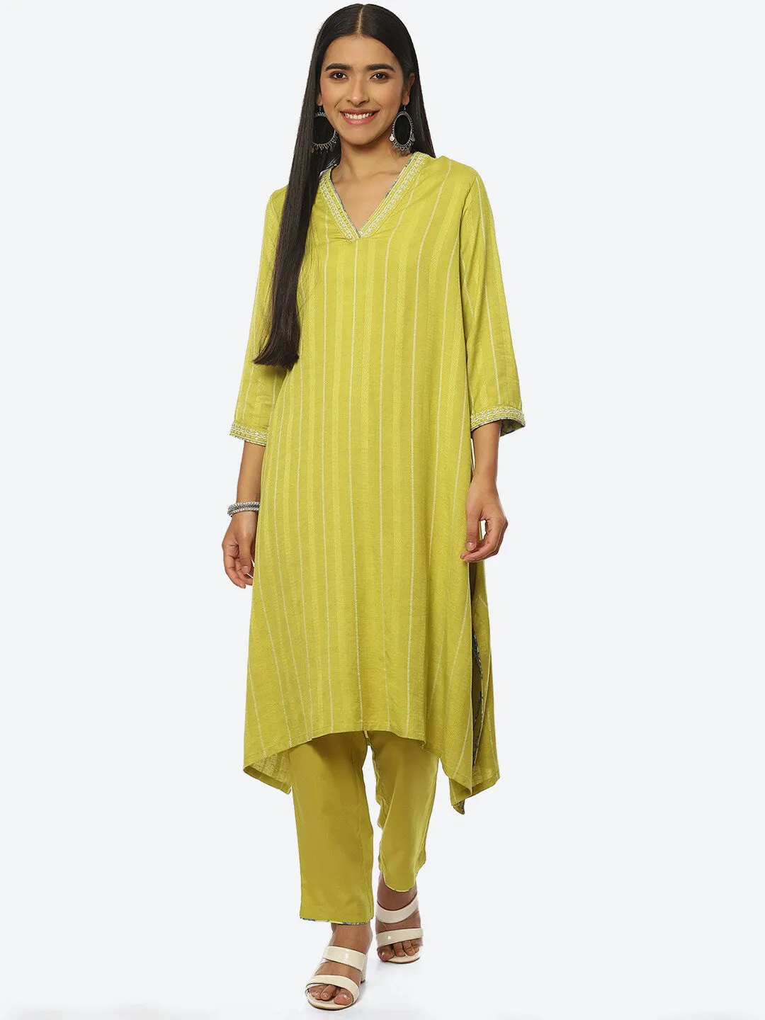 Biba Striped Thread Work Kurta with Trousers