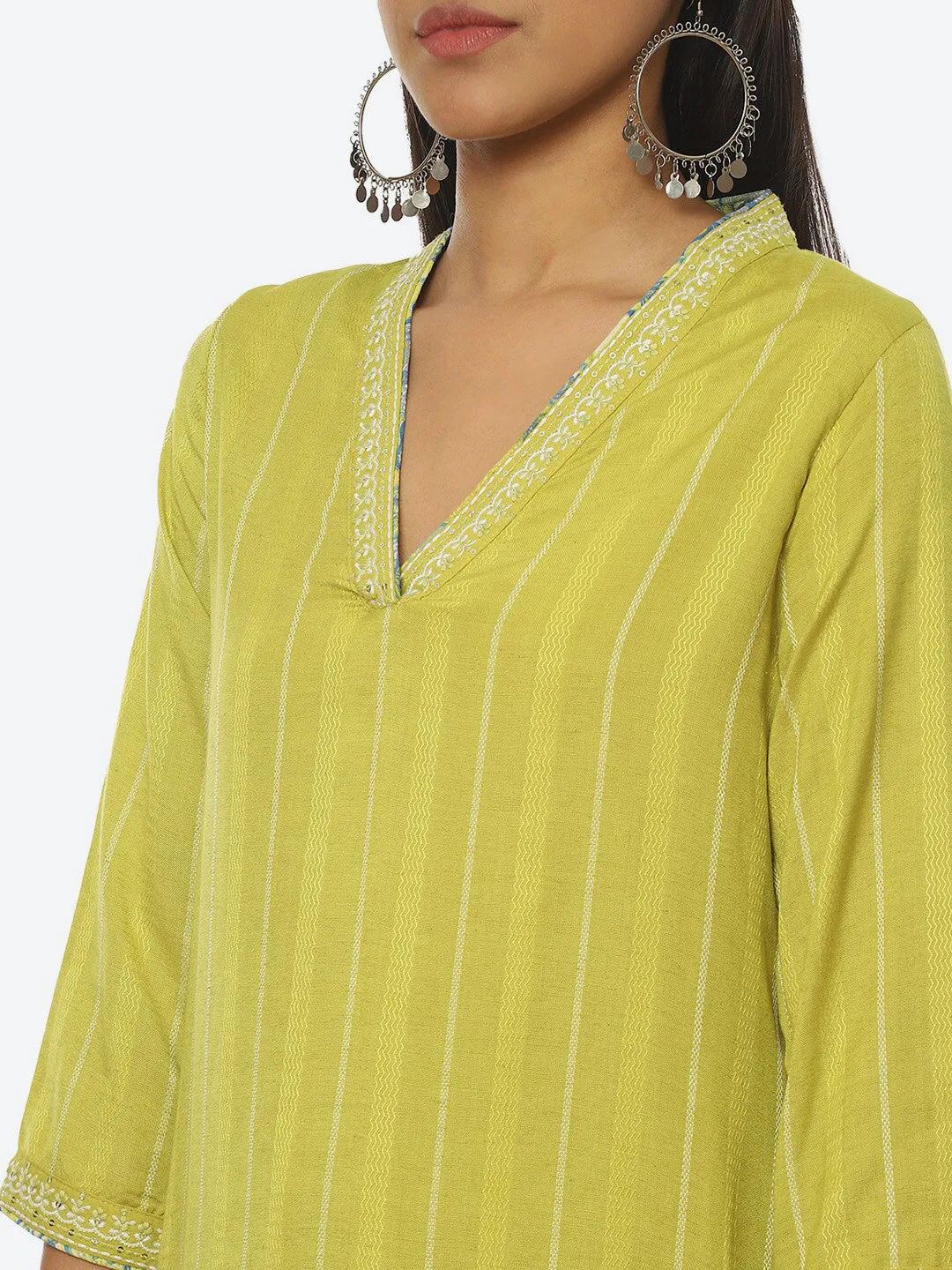 Biba Striped Thread Work Kurta with Trousers