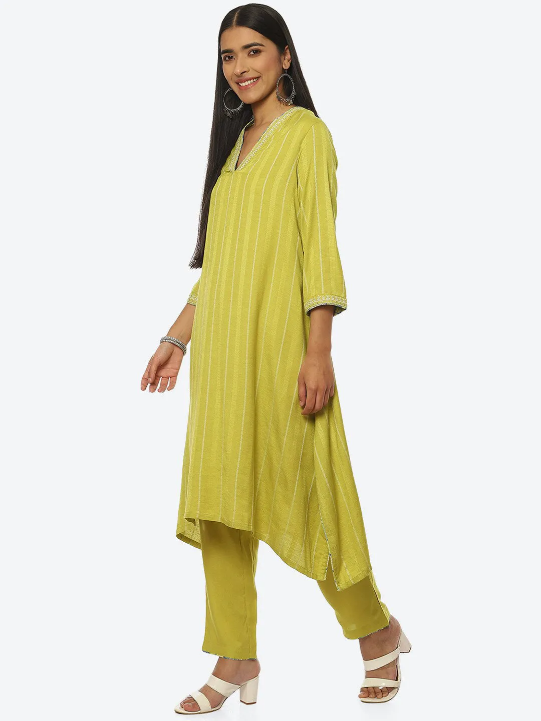 Biba Striped Thread Work Kurta with Trousers