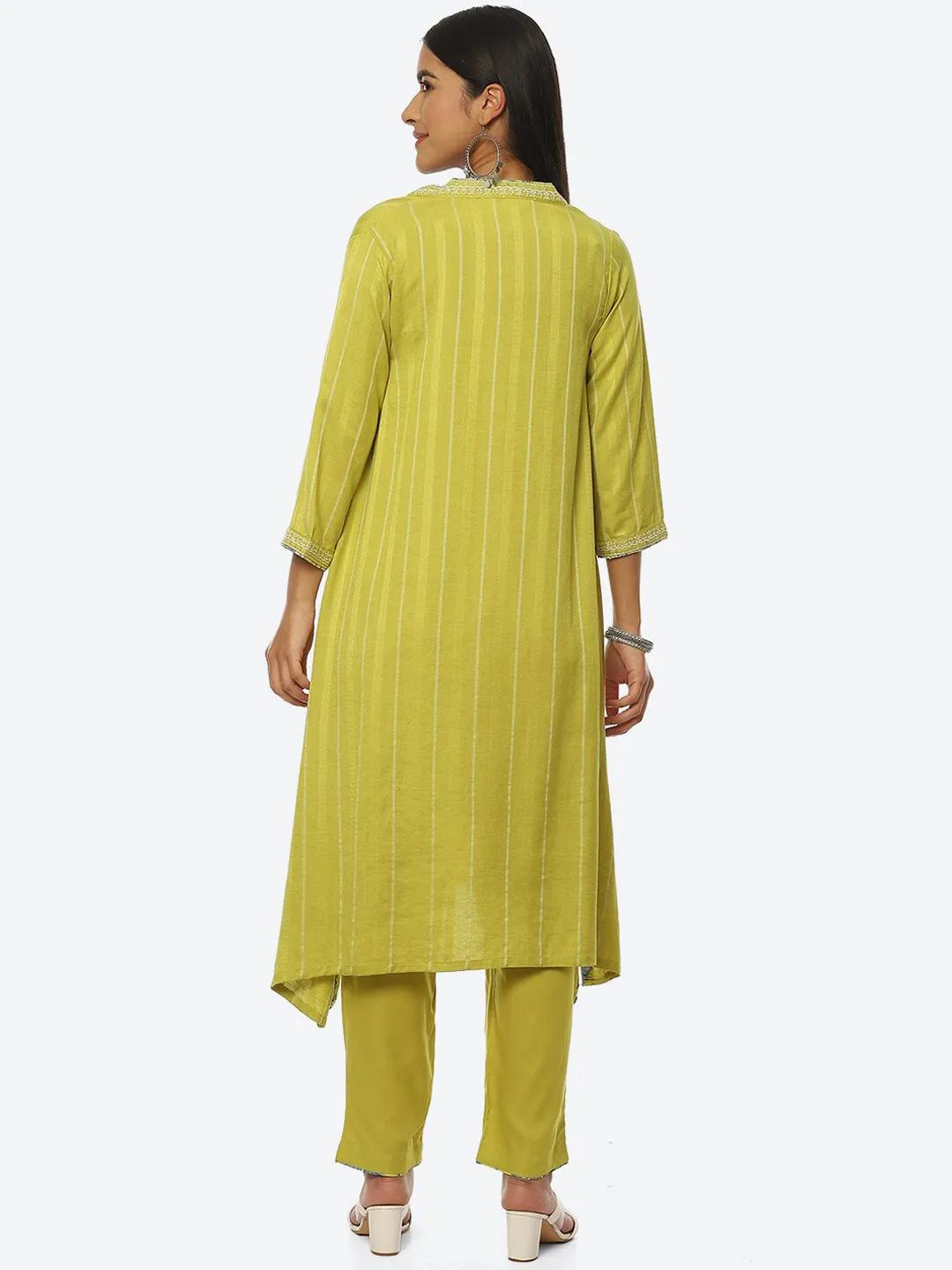 Biba Striped Thread Work Kurta with Trousers