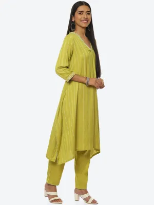 Biba Striped Thread Work Kurta with Trousers