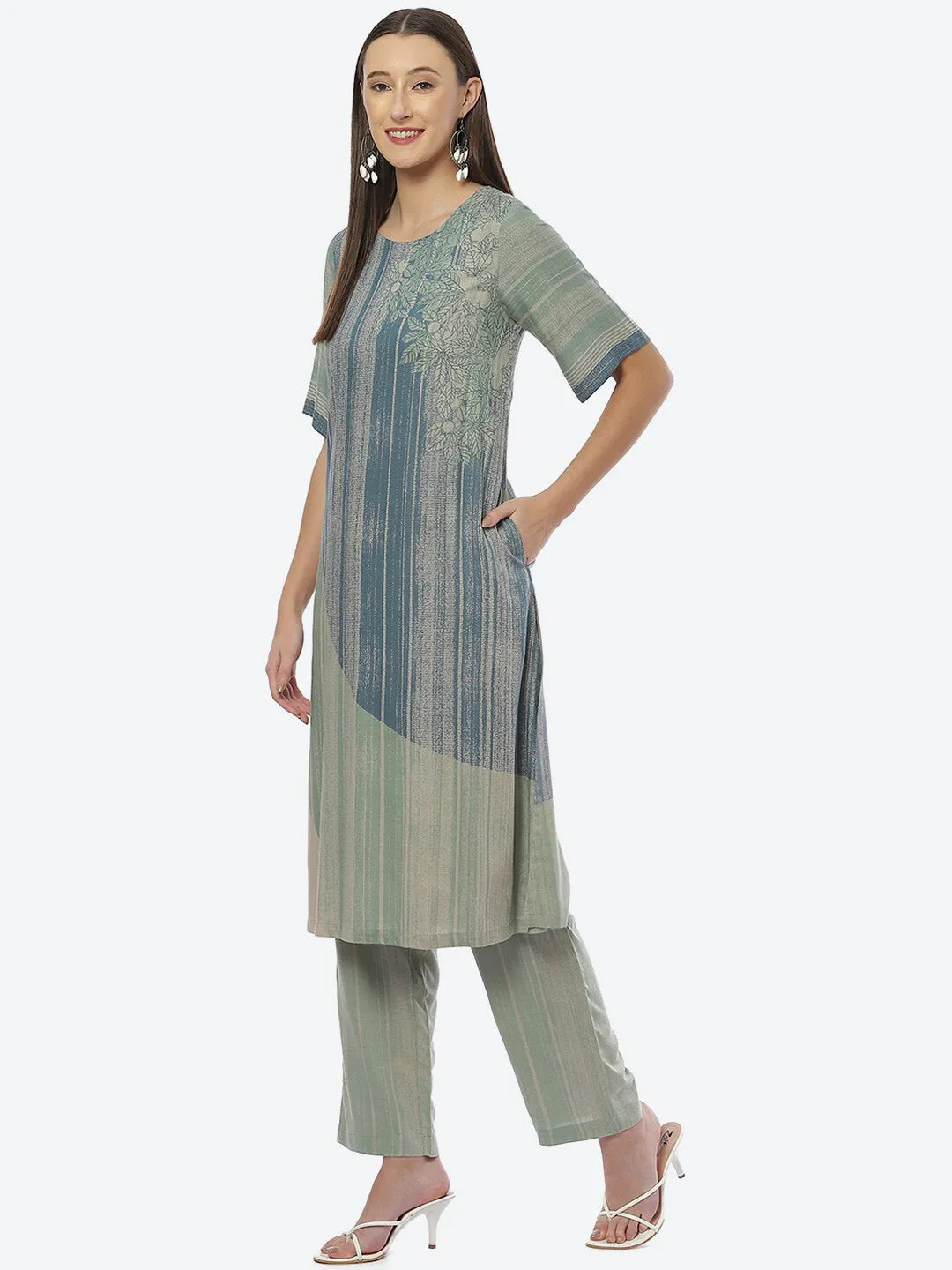 Biba Women Blue & Green Striped Kurta with Trousers