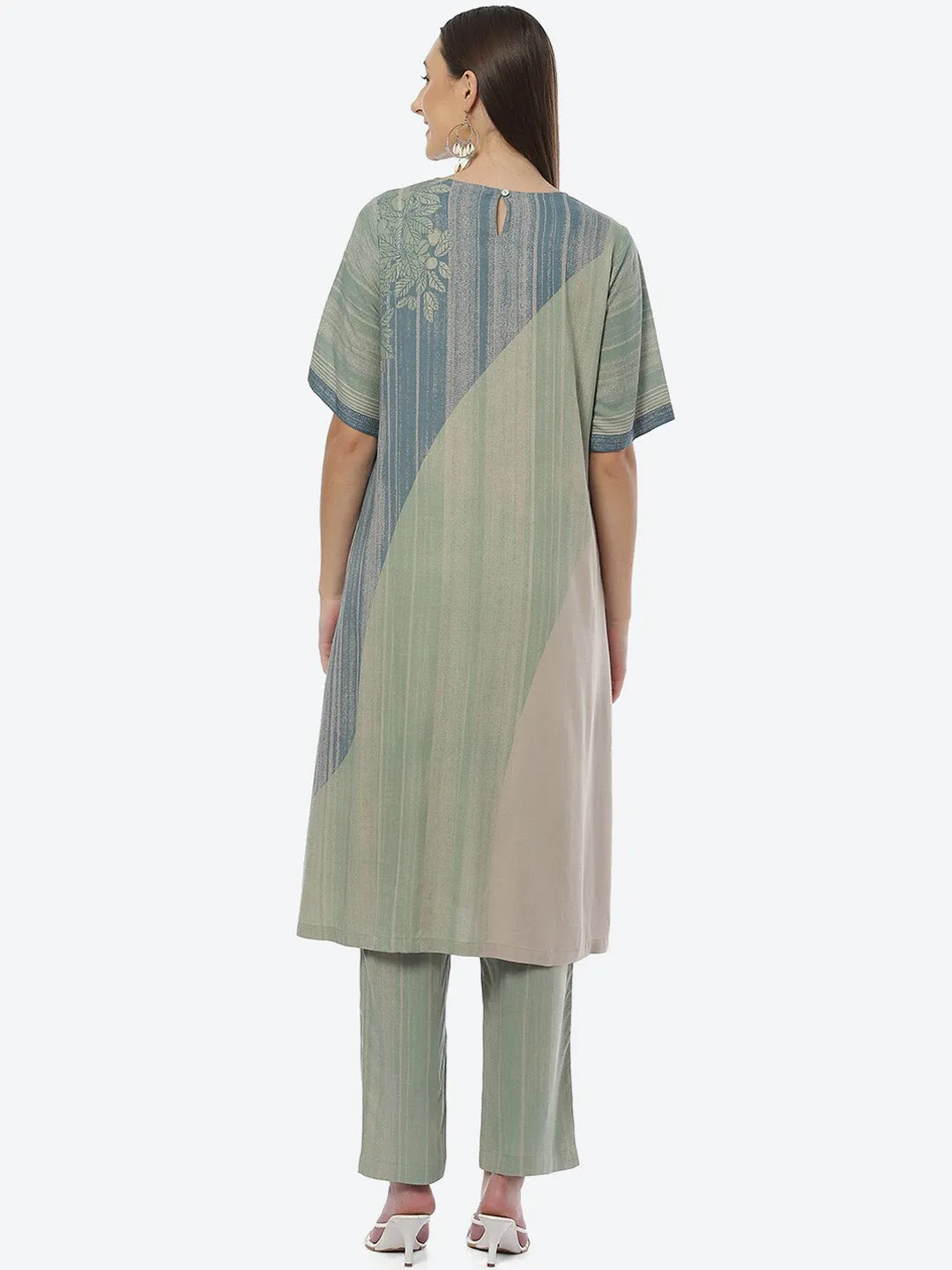 Biba Women Blue & Green Striped Kurta with Trousers