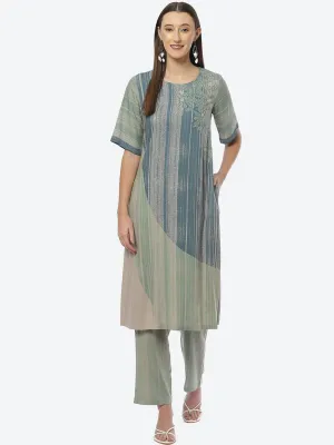 Biba Women Blue & Green Striped Kurta with Trousers