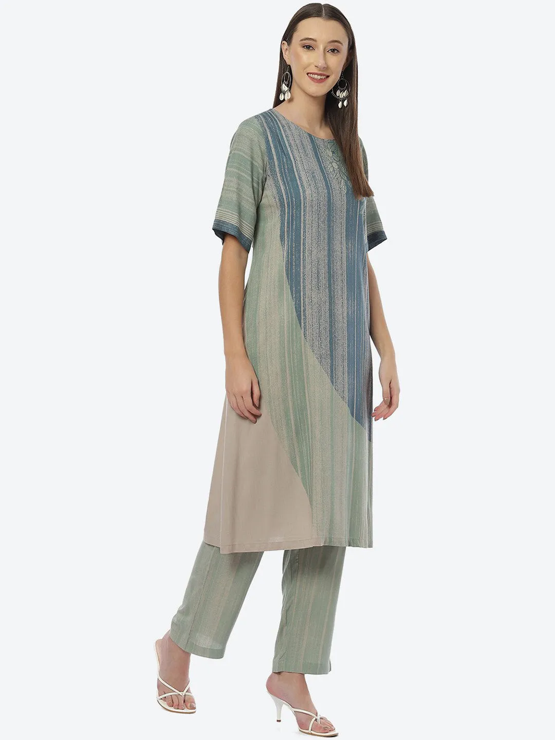 Biba Women Blue & Green Striped Kurta with Trousers