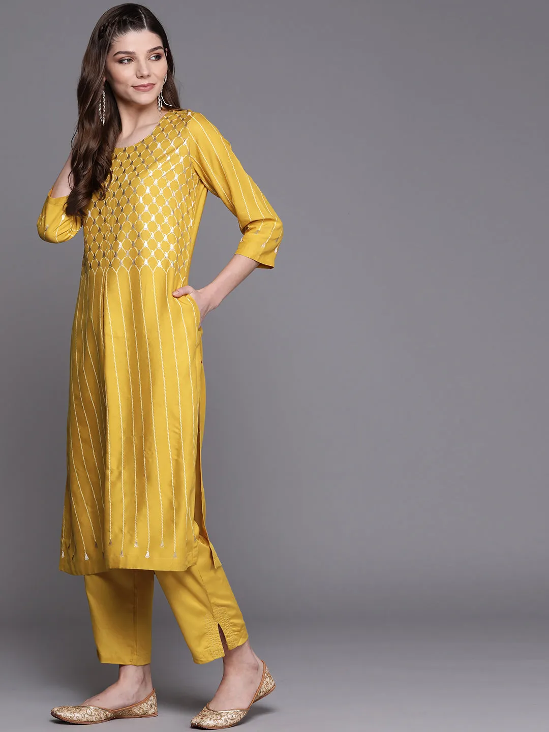 Biba Women Mustard & Golden Striped Kurta with Trousers