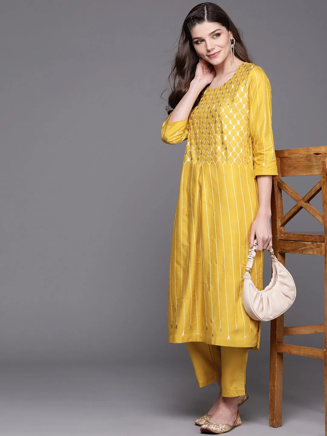 Biba Women Mustard & Golden Striped Kurta with Trousers
