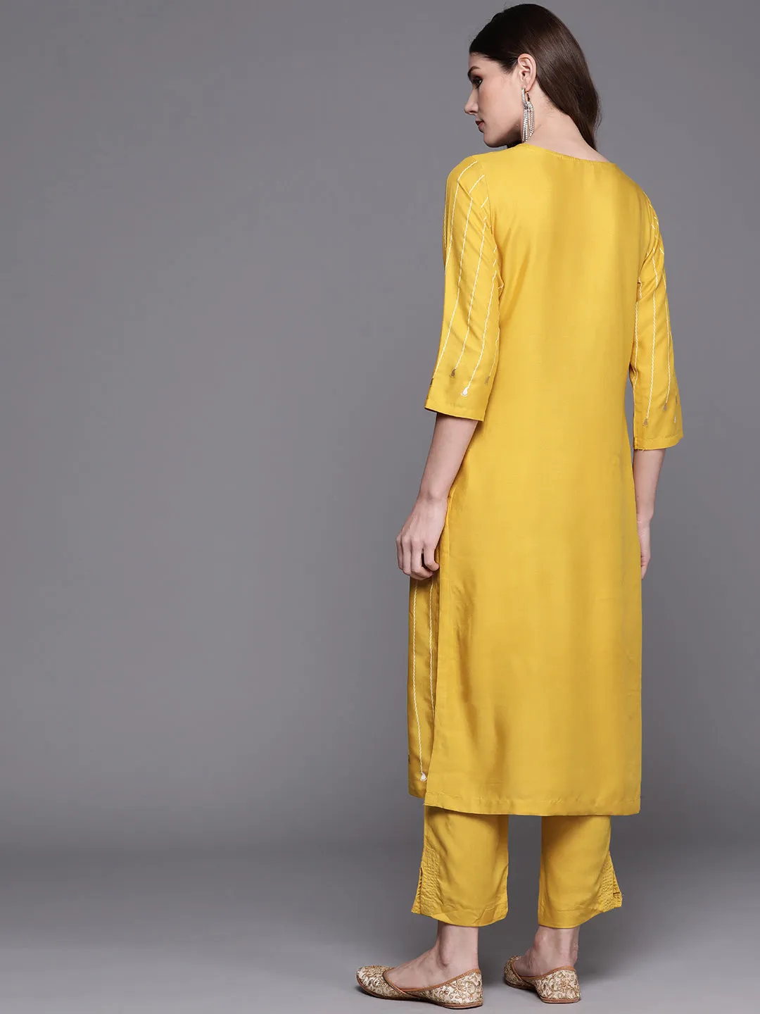 Biba Women Mustard & Golden Striped Kurta with Trousers