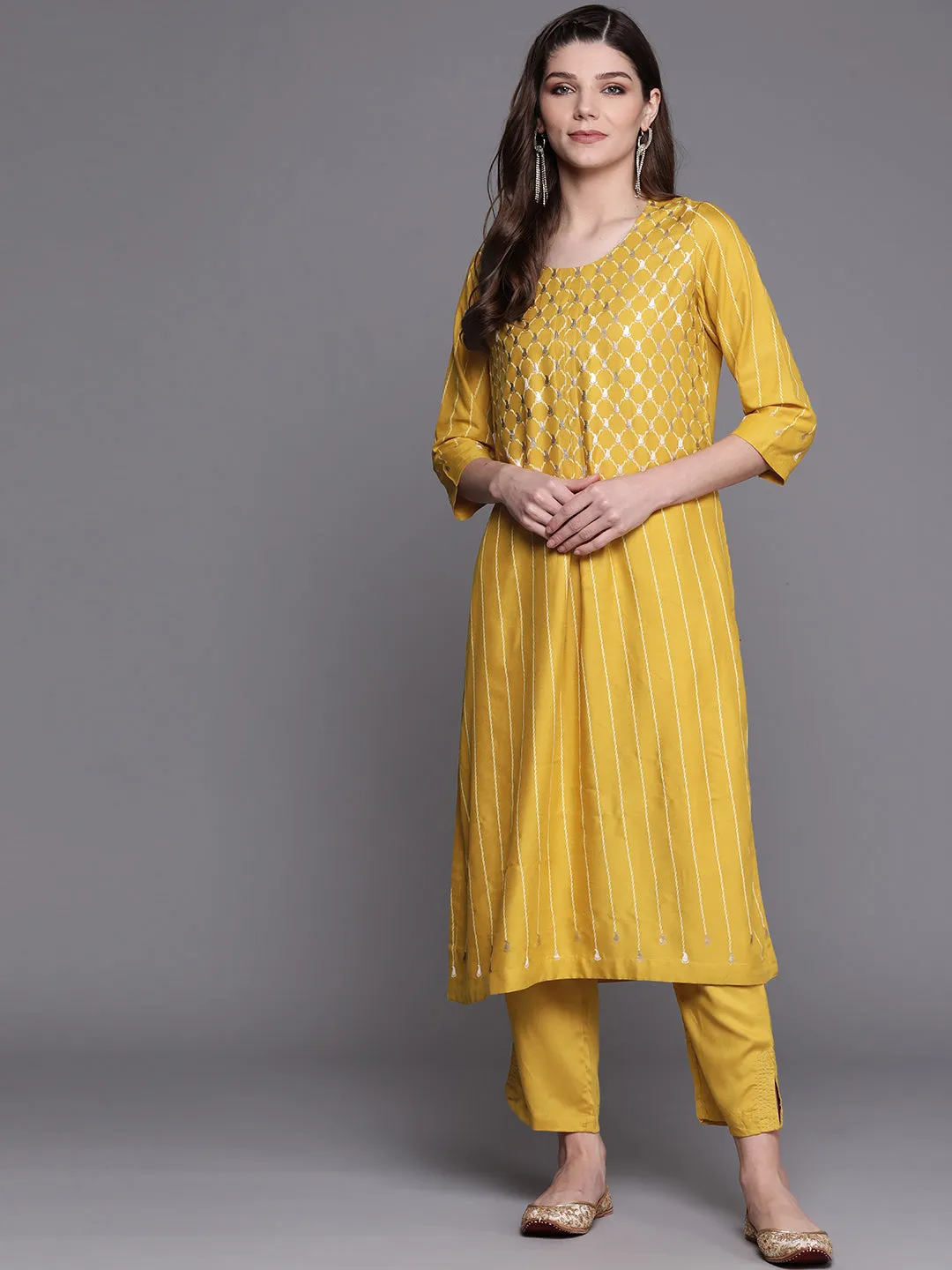 Biba Women Mustard & Golden Striped Kurta with Trousers