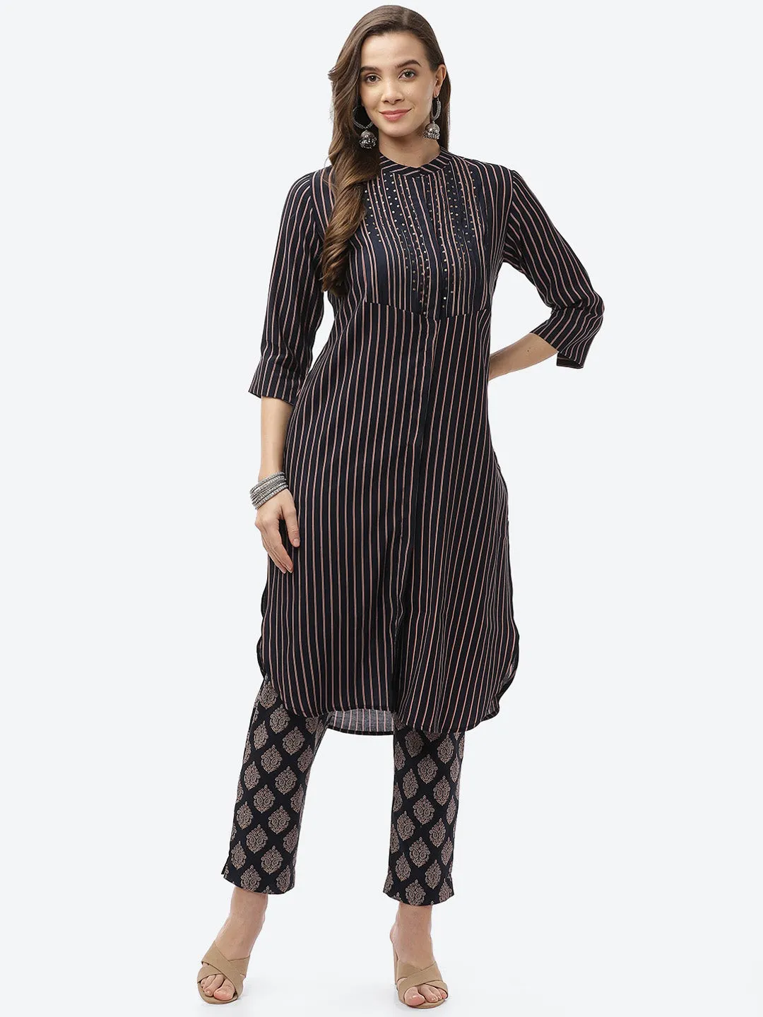 Biba Women Navy Blue Striped Panelled Kurti with Trousers
