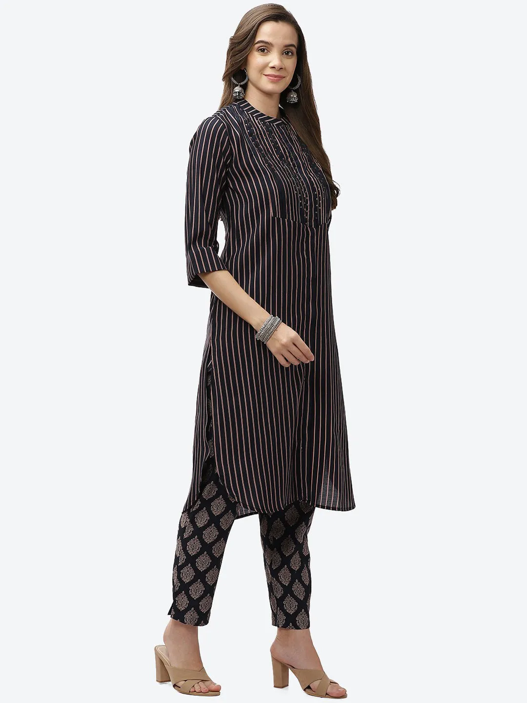 Biba Women Navy Blue Striped Panelled Kurti with Trousers