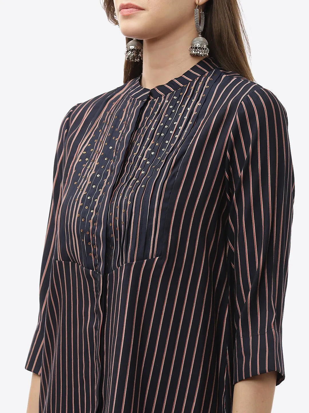 Biba Women Navy Blue Striped Panelled Kurti with Trousers