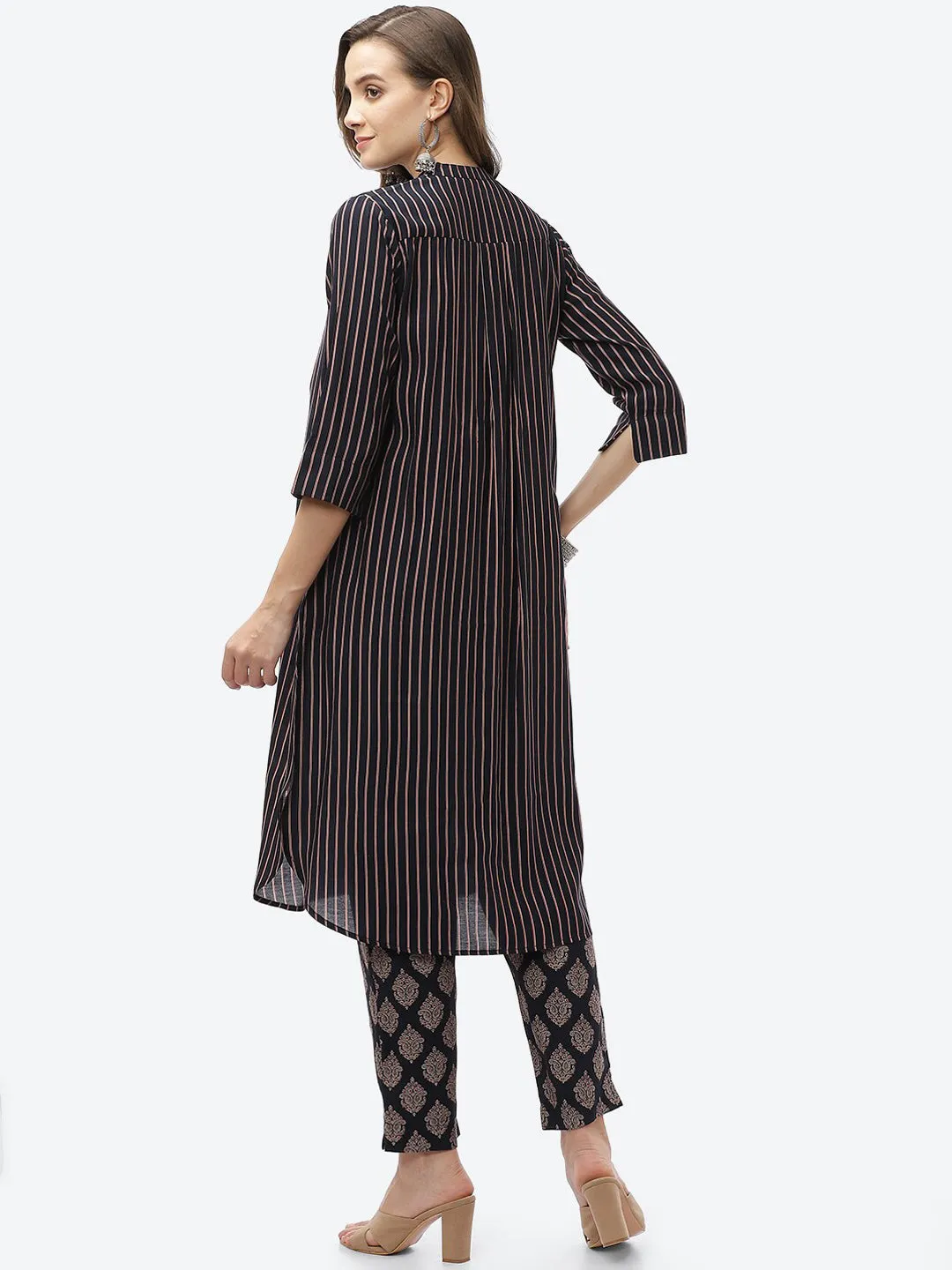 Biba Women Navy Blue Striped Panelled Kurti with Trousers