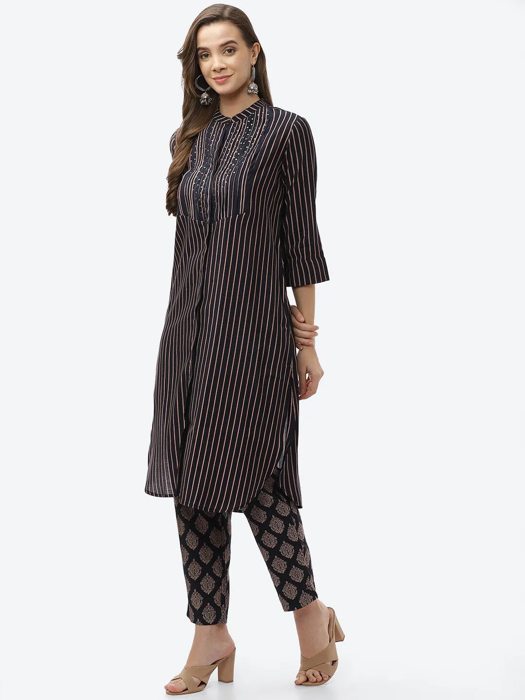 Biba Women Navy Blue Striped Panelled Kurti with Trousers
