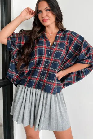 NonFadeFinish FlexibleRibbedTrims Bijou Plaid Oversized Button-Down Shirt (Navy)