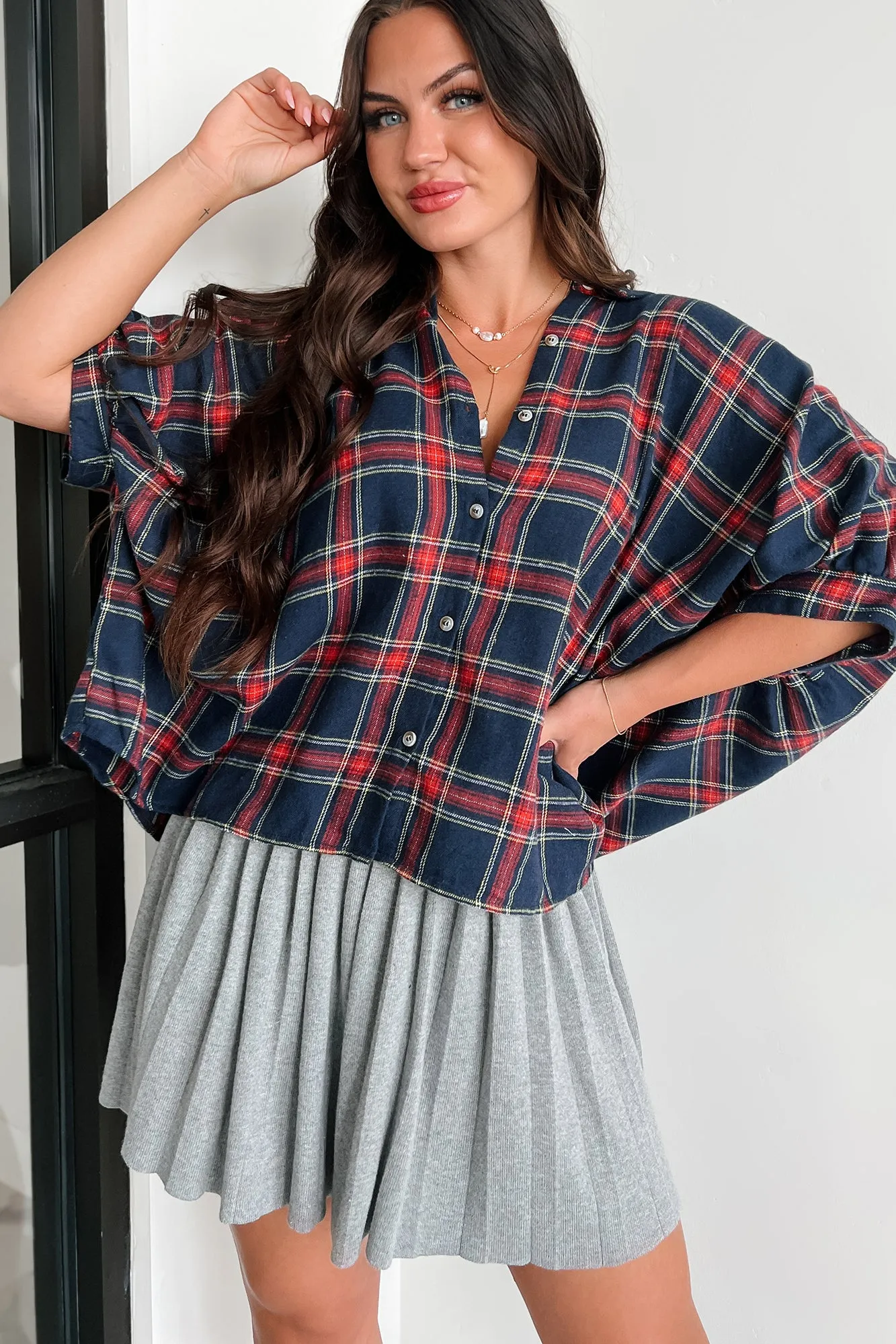 Bijou Plaid Oversized Button-Down Shirt (Navy) Metallic Fiber Blend