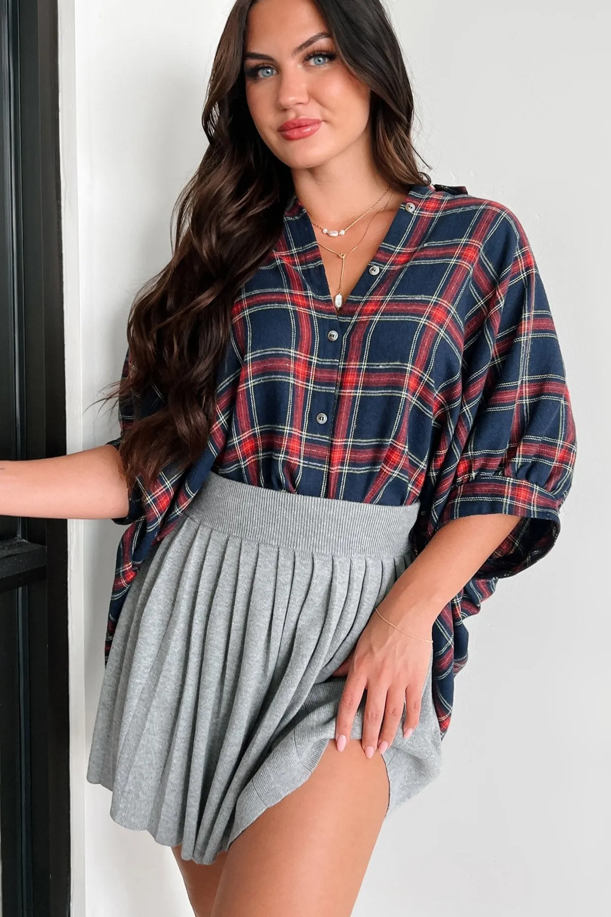 Bijou Plaid Oversized Button-Down Shirt (Navy) MoistureManagementSystem