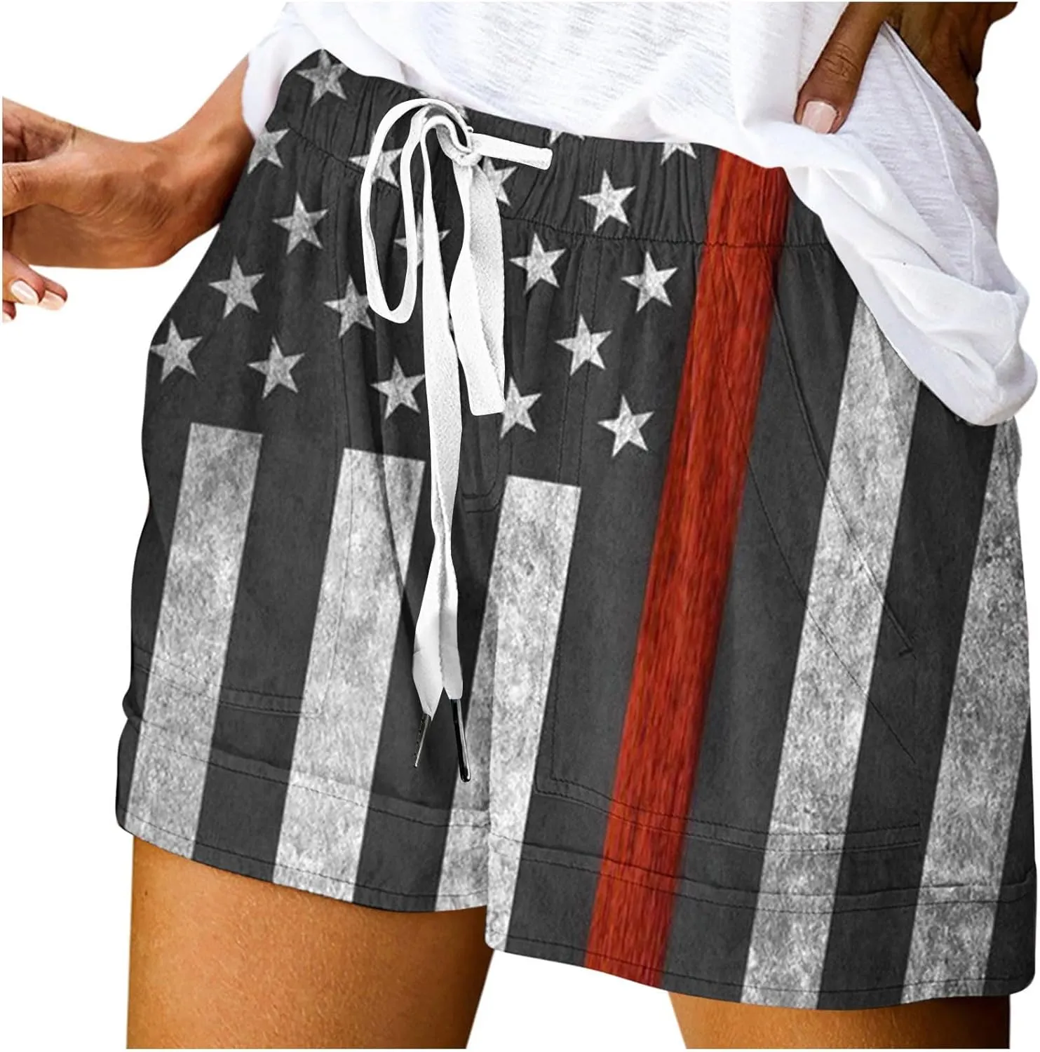 Biker Shorts Cotton Casual Striped Shorts Pocket Pants Biker Shorts White Shorts for Woman White Jean Shorts