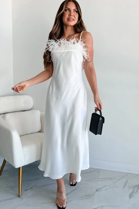 Flowing Fit Birds Of Paradise Faux Feather Trim Midi Dress (Ivory)