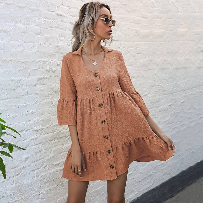 Breathable Wearable Vintage Style COTTON LAPEL LOOSE DRESS_CWDSD3934