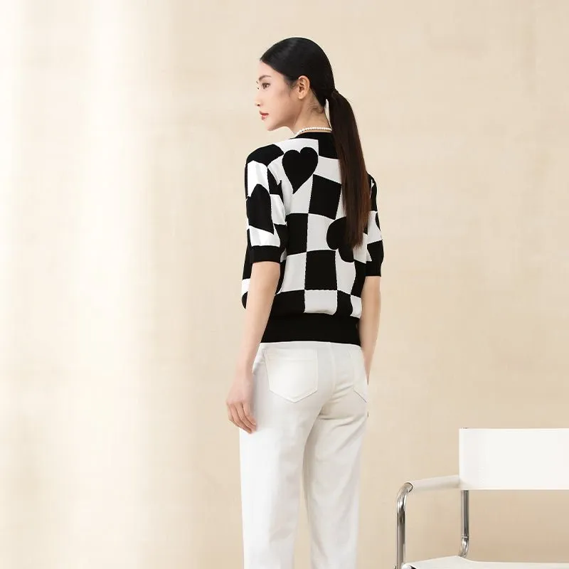 Black & White Short Sleeve Heart Pattern T-shirt