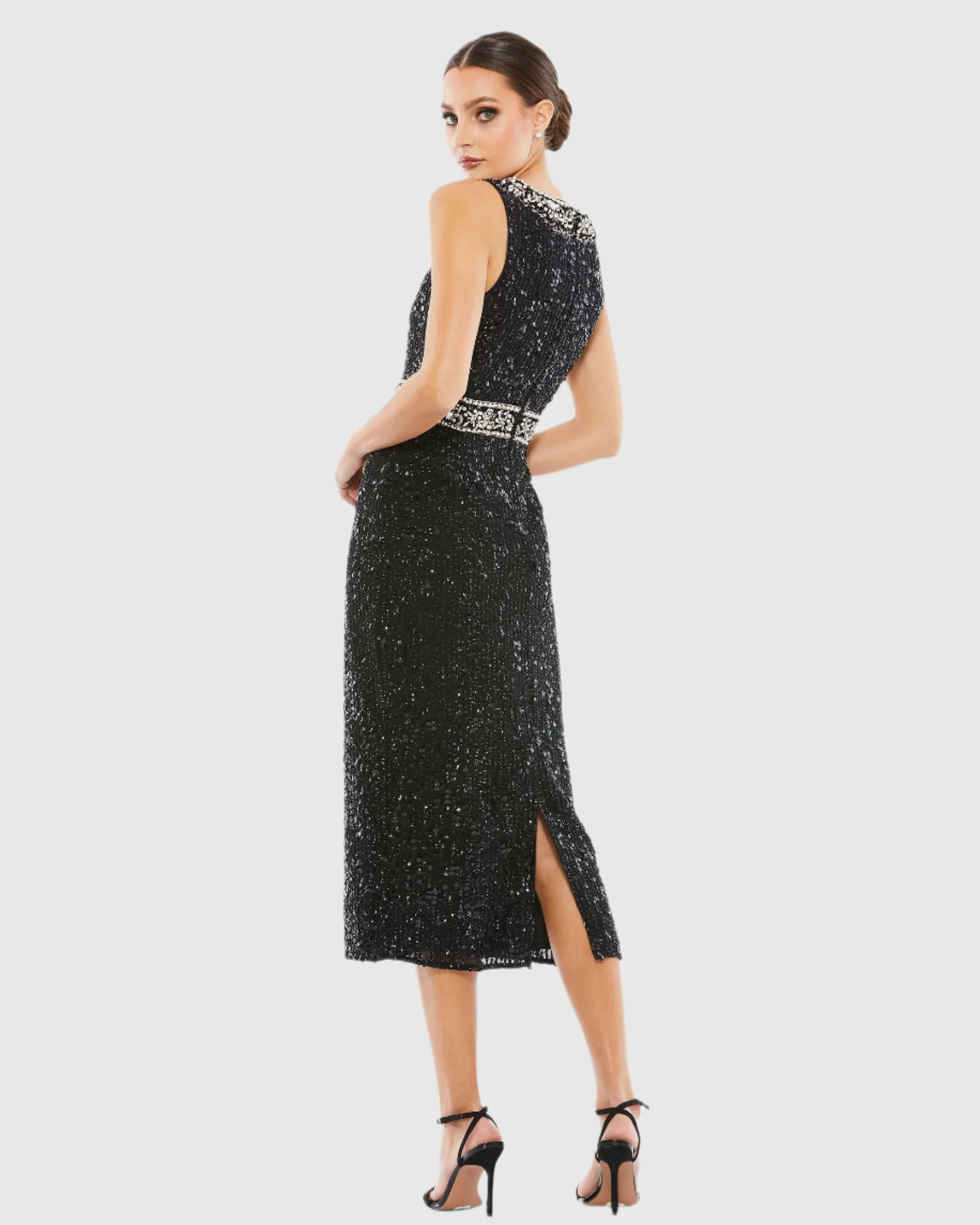 Black Embellished Sleeveless High Neck Midi Dress