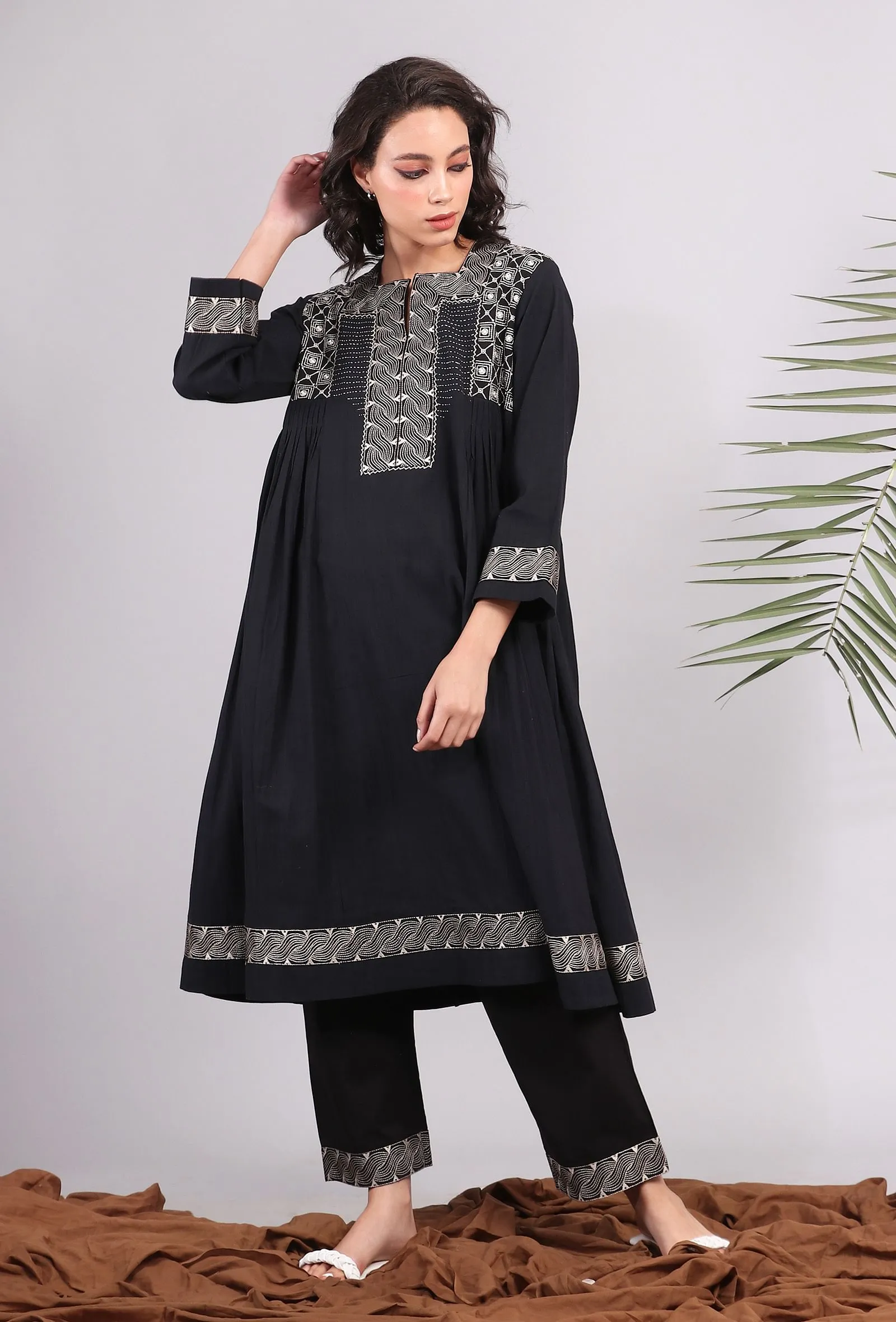 Black Kantha Embroidered Side Pleated Kurta
