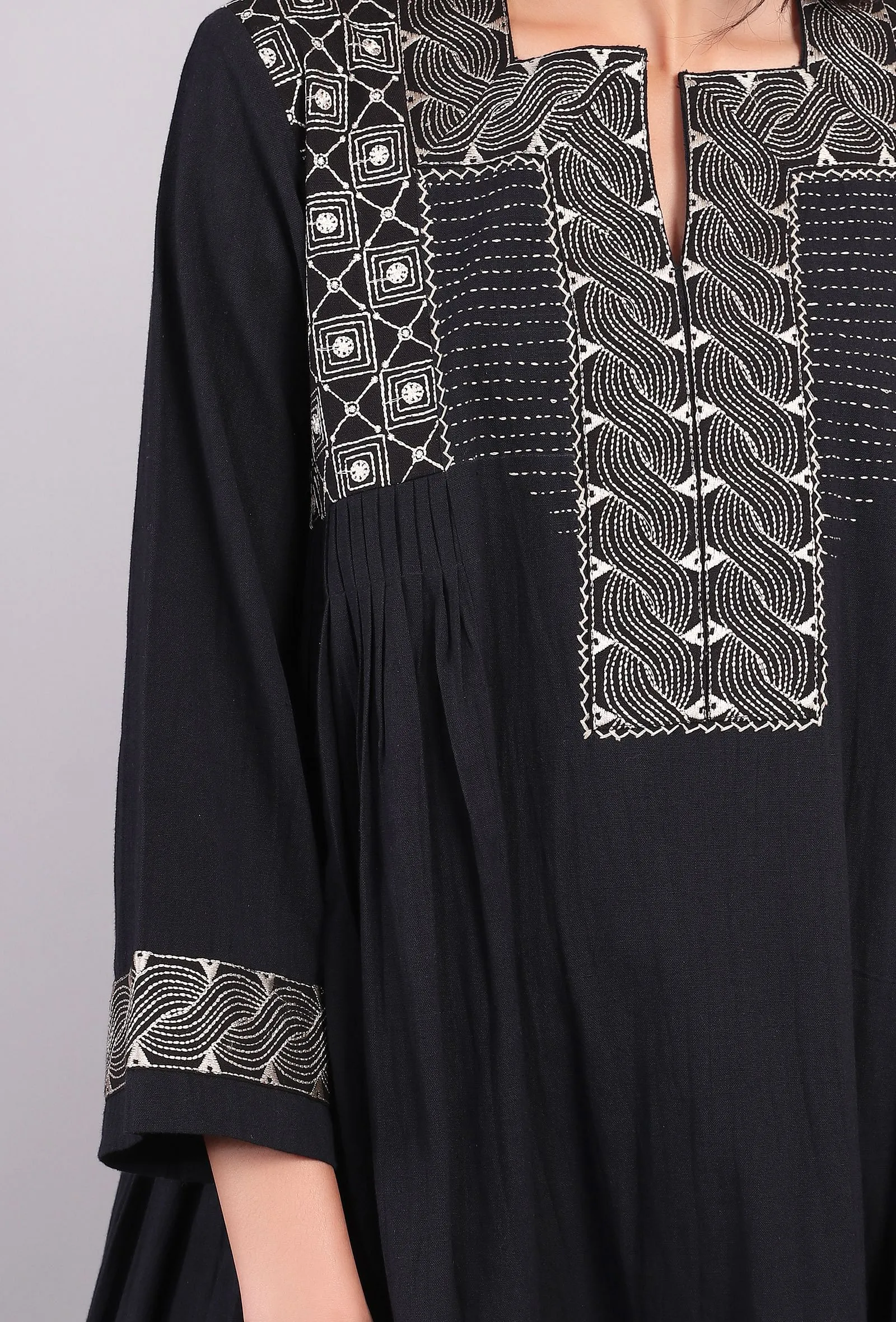 Black Kantha Embroidered Side Pleated Kurta