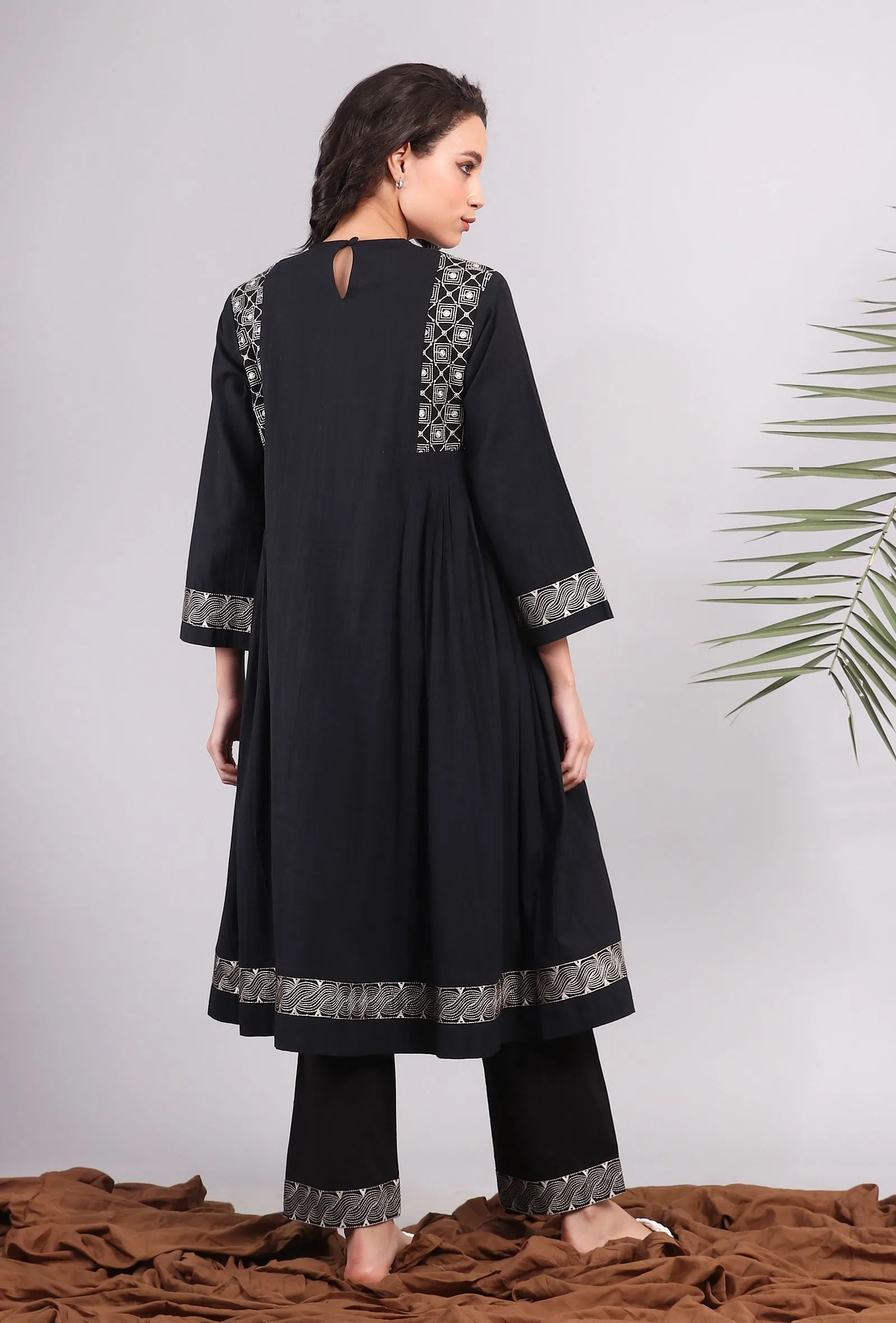 Black Kantha Embroidered Side Pleated Kurta