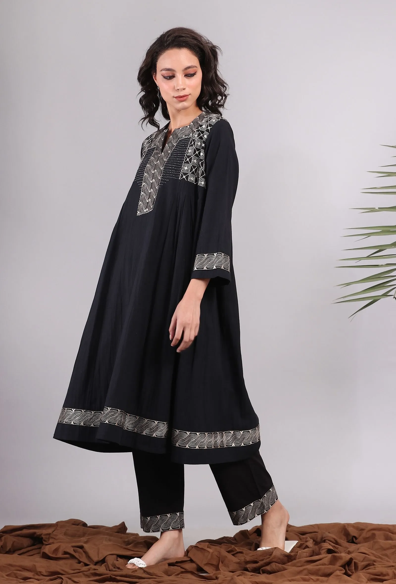 Black Kantha Embroidered Side Pleated Kurta
