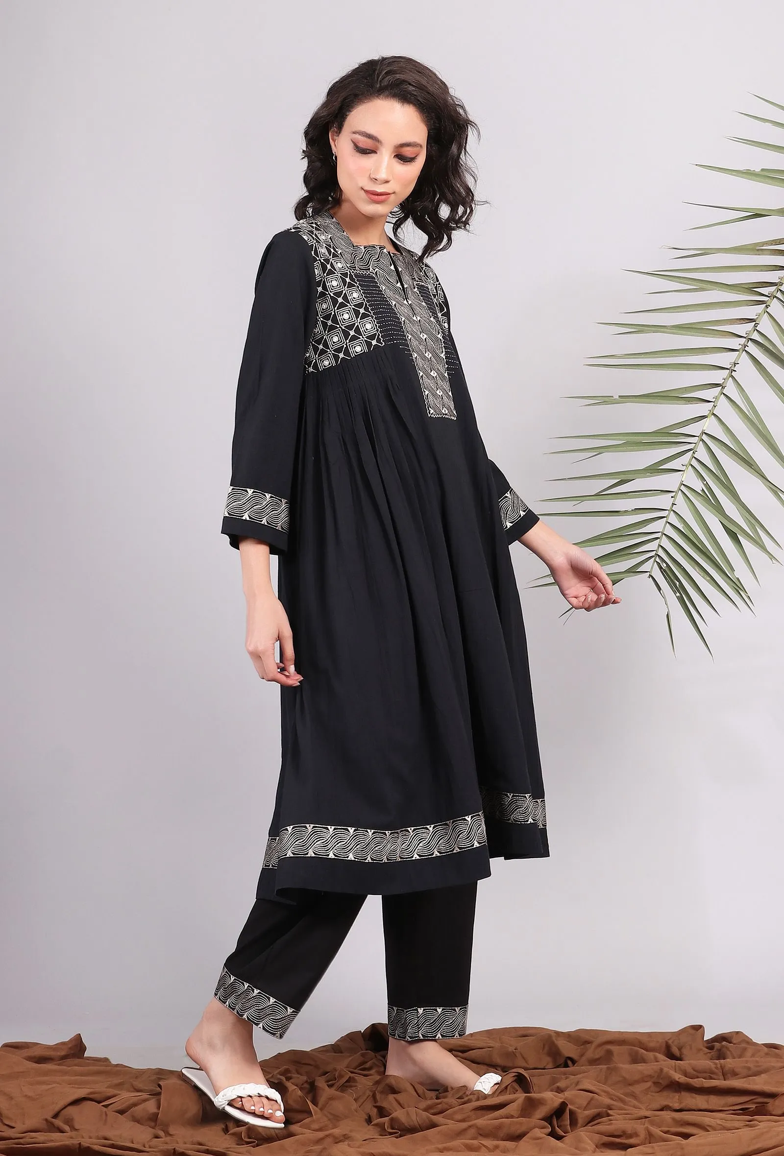Black Kantha Embroidered Side Pleated Kurta
