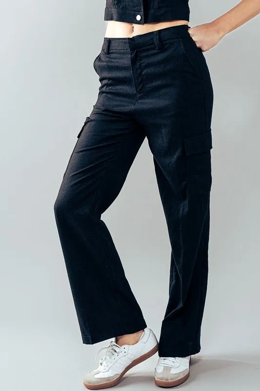 Black Linen Cargo Pants
