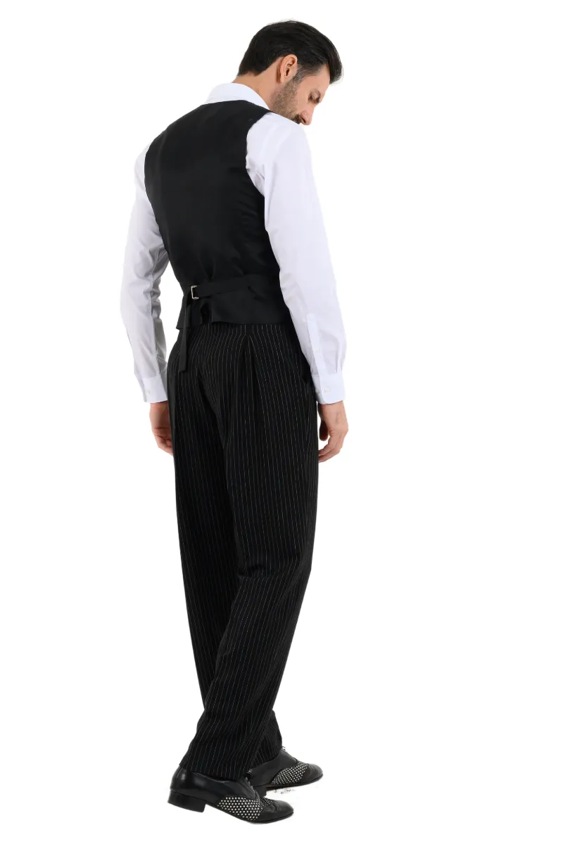 Black Pinstriped Tango Pants With Front And Back Pleat