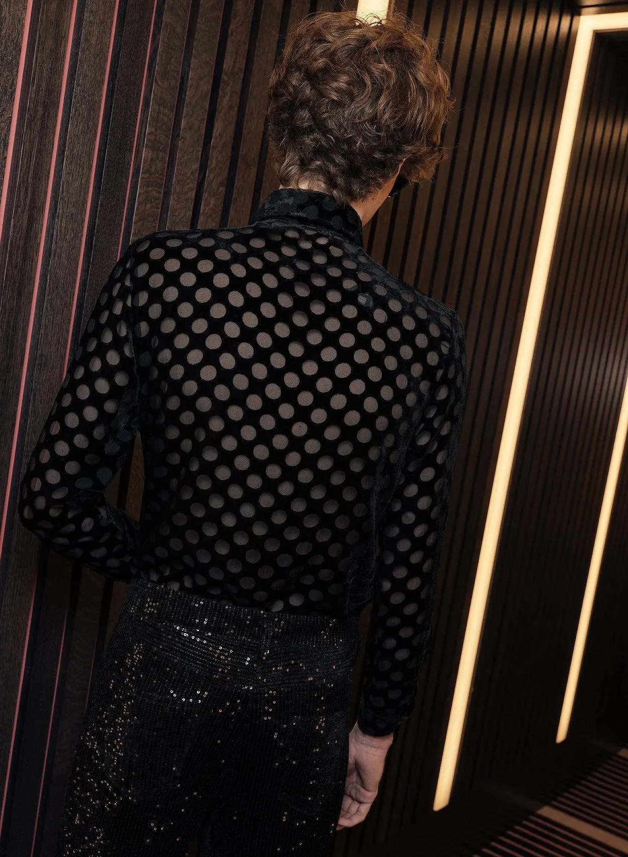 Black Semi-Sheer Velvet Polka Dot Shirt