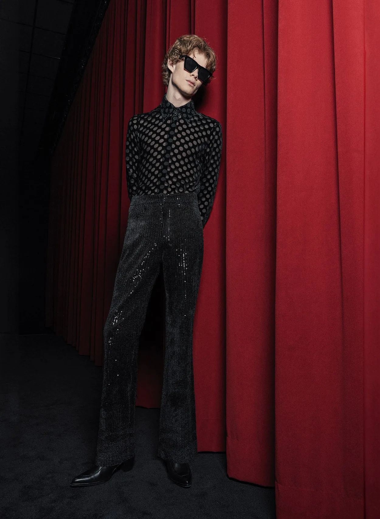 Black Semi-Sheer Velvet Polka Dot Shirt