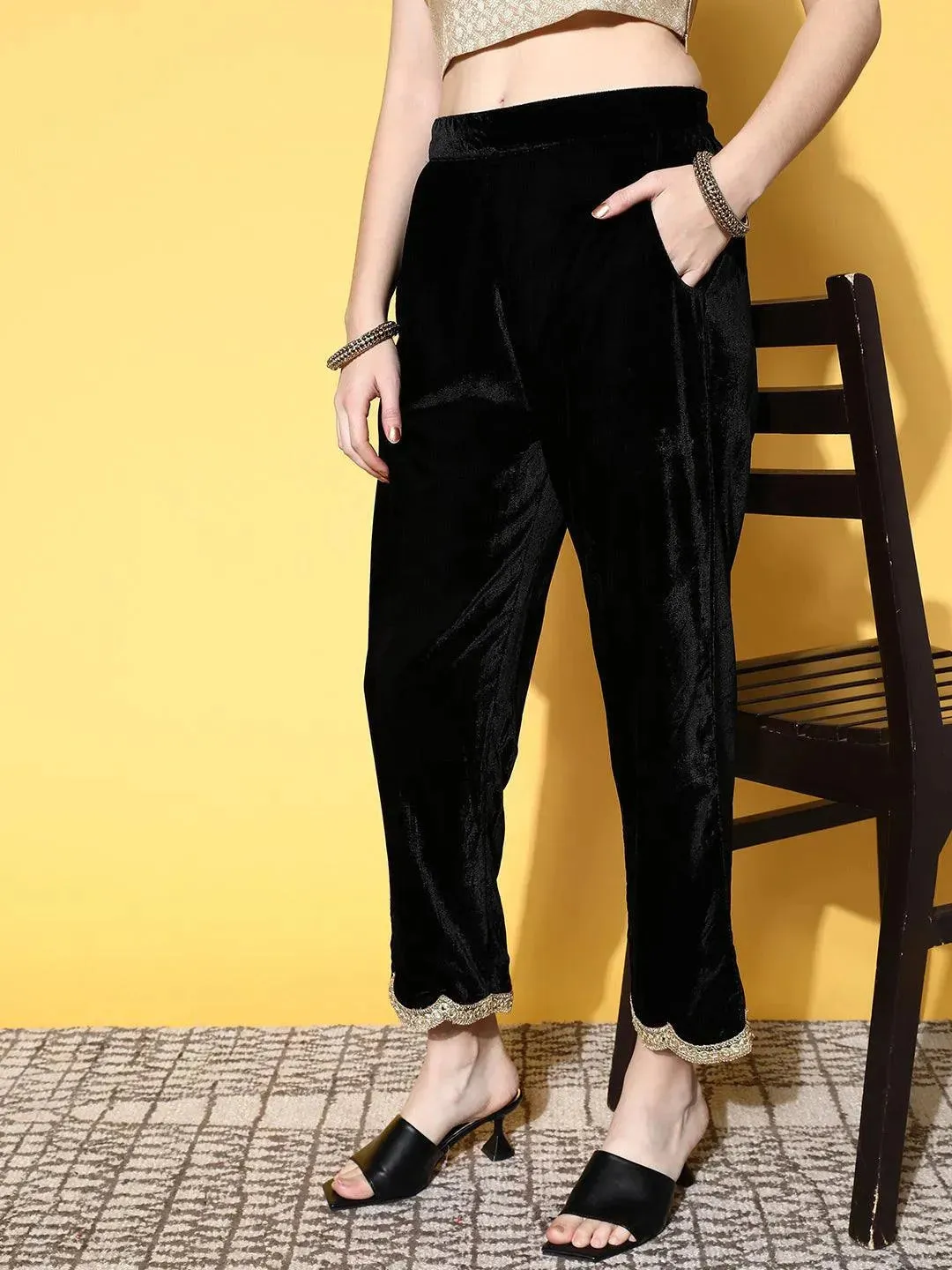 Black Solid Velvet Trousers