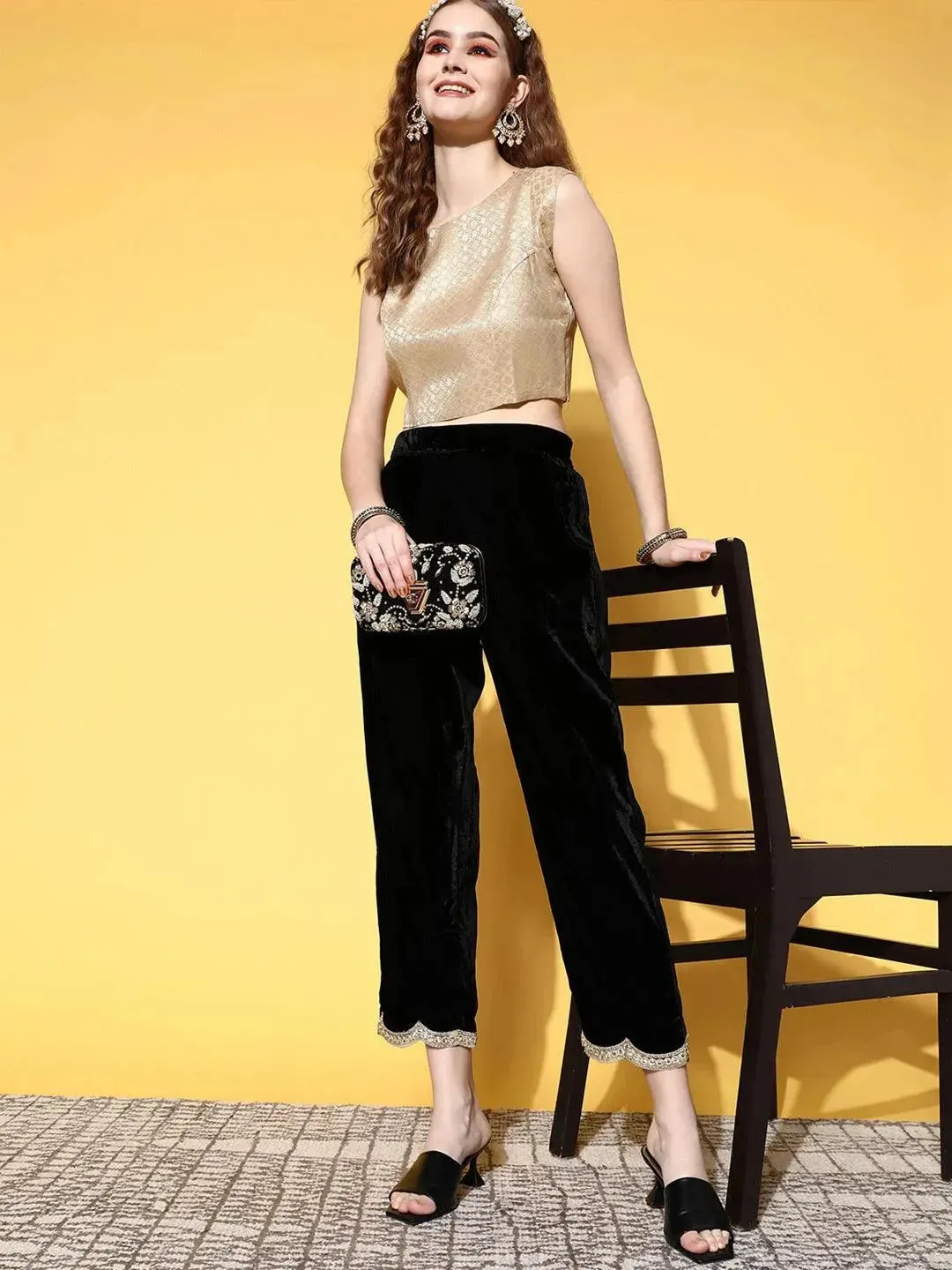 Black Solid Velvet Trousers